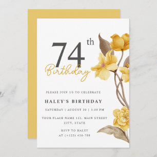 Floral Chic Elegant Simple Yellow 74th Birthday Invitation