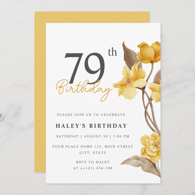 Floral Chic Elegant Simple Yellow 79th Birthday Invitation (Front/Back)