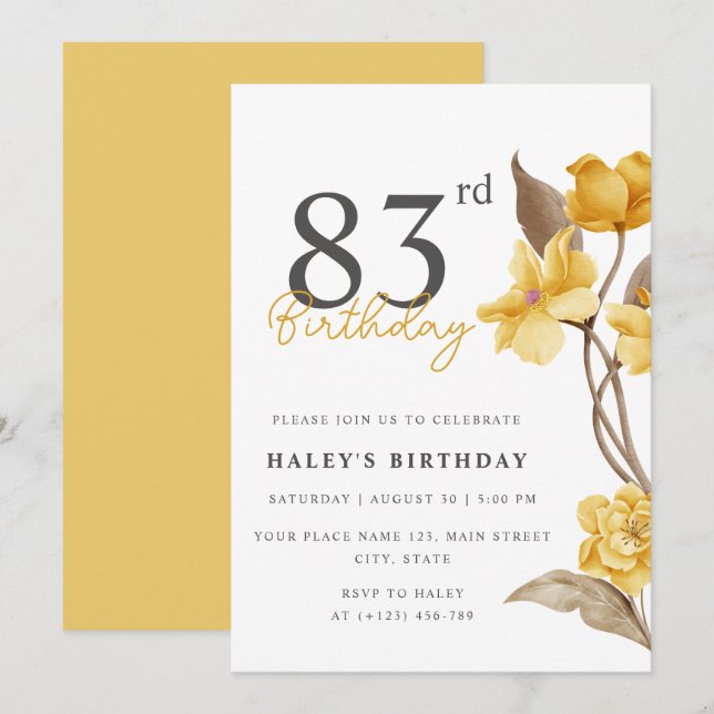 Floral Chic Elegant Simple Yellow 83rd Birthday Invitation (Front/Back)