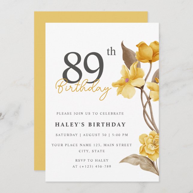 Floral Chic Elegant Simple Yellow 89th Birthday Invitation (Front/Back)