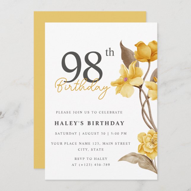 Floral Chic Elegant Simple Yellow 98th Birthday Invitation (Front/Back)