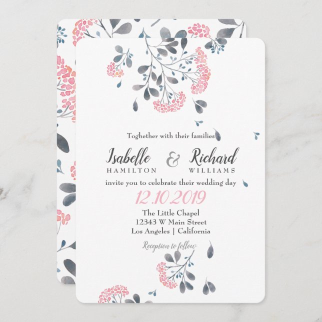 Floral chic grey pink dandelion watercolor wedding invitation (Front/Back)