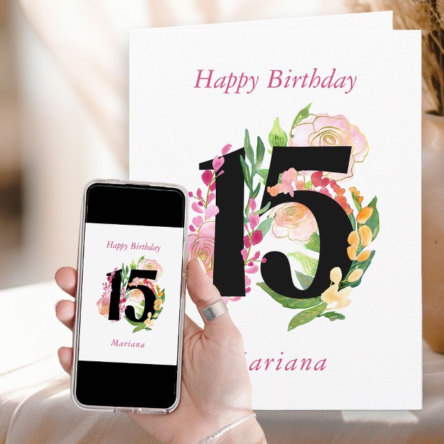 Floral Chic Number 15 Personalised 15th Birthday Card (15th Birthday Card with number 15 from my Floral Chic Quinceanera Collection
)