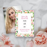 Floral Chic Pink Gold Editable Quinceanera Photo Save The Date<br><div class="desc">Save the Date Card for your Quinceanera with chic floral design in pink and gold. Feminine dreamy design of watercolor rose blooms, flowers and greenery with gold highlights. Beautiful choice and easily customised to suit any other important celebration. Please see my Floral Chic collection for matching items or, message me...</div>