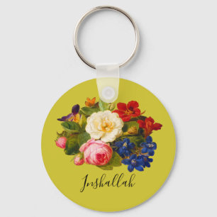 Floral Chic Pink White Rose Red Inshallah Green Key Ring