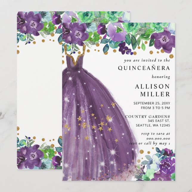 Floral Chic Purple Gold Glitter Dress QUINCEAÑERA Invitation (Front/Back)