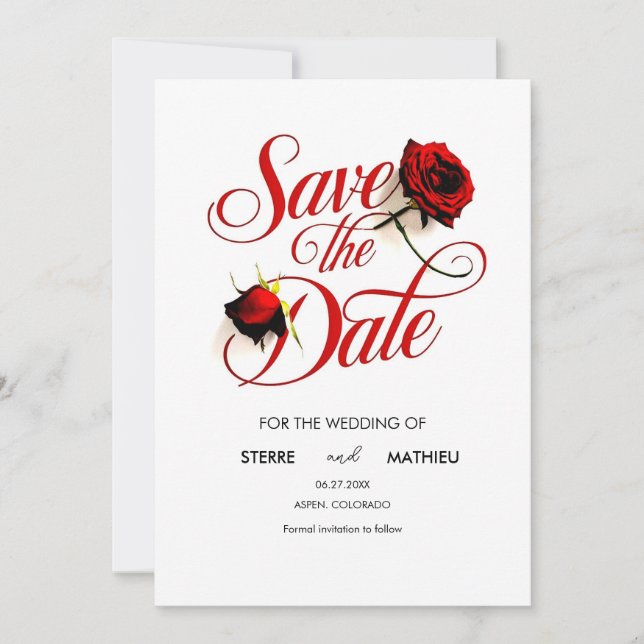 Floral Chic Red Rose Wedding Save The Date (Front)