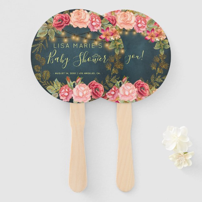 Floral chic roses baby girl shower welcome favour hand fan (Front and Back)