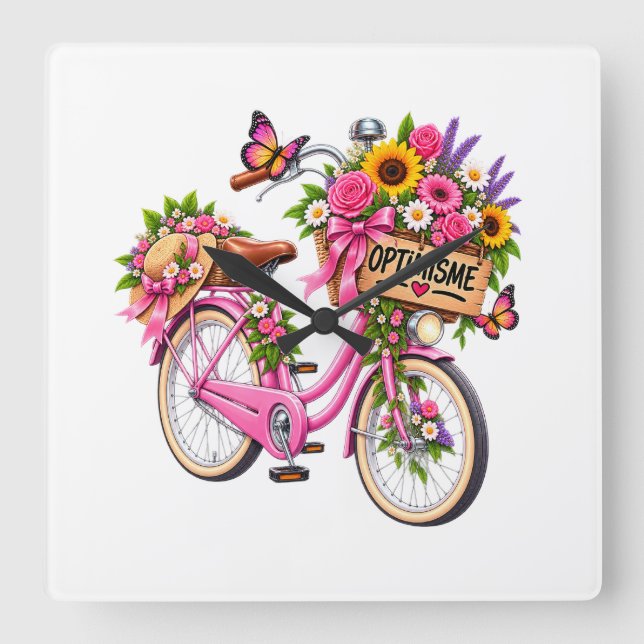 Floral Chic Wall Clock – Flowering Pink Bicycle wi (Front)