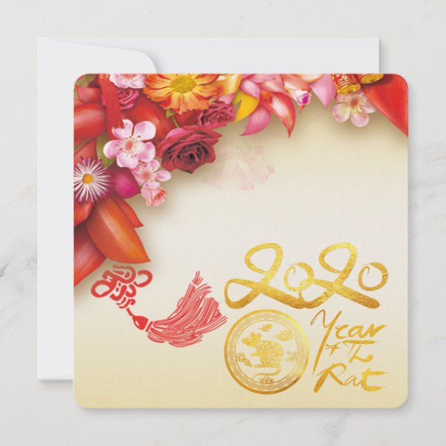 Floral Chinese gold Paper-cut Rat 2020 Party Sq (Front)