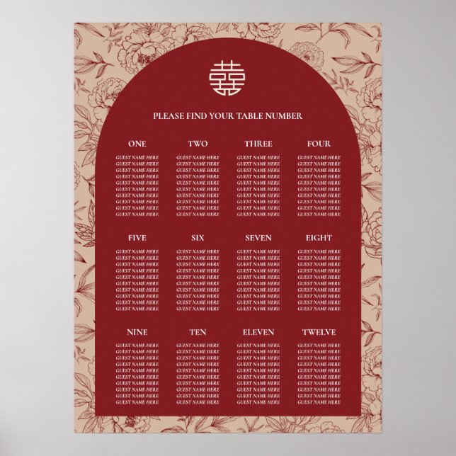 Floral Chinese Wedding 12 Table Seating Chart (Front)