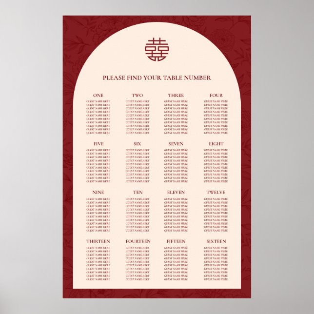 Floral Chinese Wedding 16 Table Seating Chart (Front)