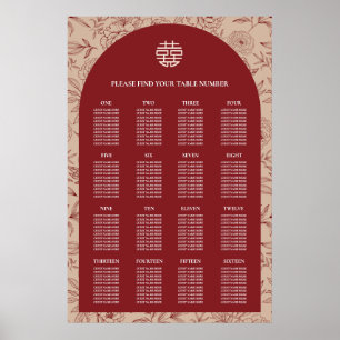 Floral Chinese Wedding 16 Table Seating Chart