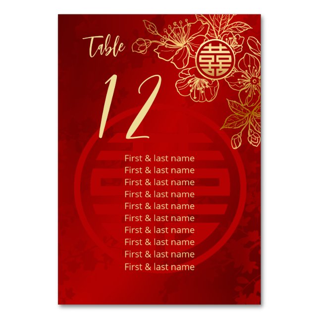 Floral Chinese Wedding Guest Names  Table Number (Front)