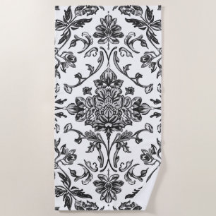 Floral Chinoiserie Black & White Watercolor Beach Towel