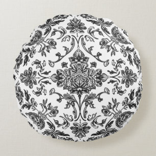 Floral Chinoiserie Black & White Watercolor Round Cushion