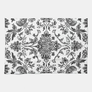 Floral Chinoiserie Black & White Watercolor Tea Towel