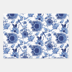 Floral Chinoiserie Blue and White Asian Decoupage Wrapping Paper Sheet
