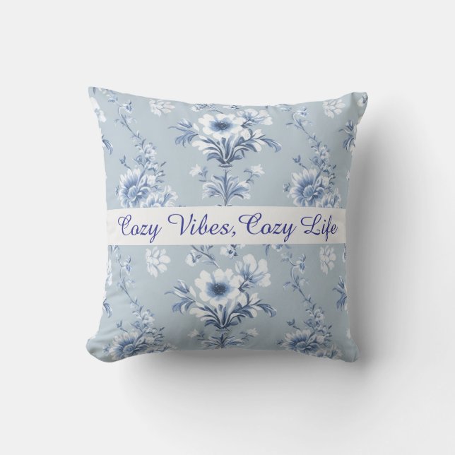 Floral Chinoiserie Blue Toile with custom text Cushion (Front)