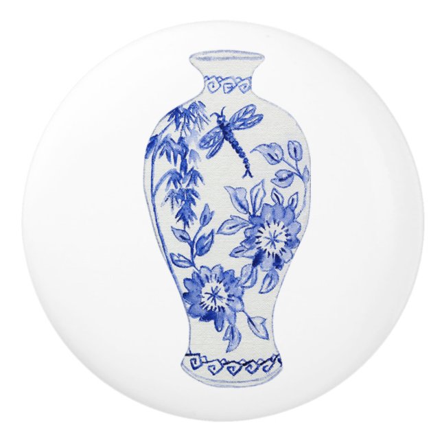 Floral Chinoiserie Blue White Dragonfly Ginger Jar Ceramic Knob (Front)