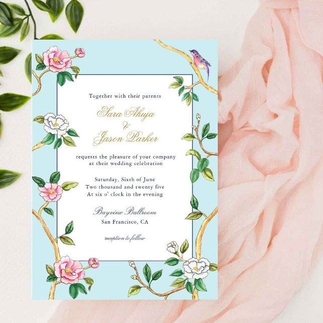Floral Chinoiserie Blue & white Wedding  Invitation (Creator Uploaded)