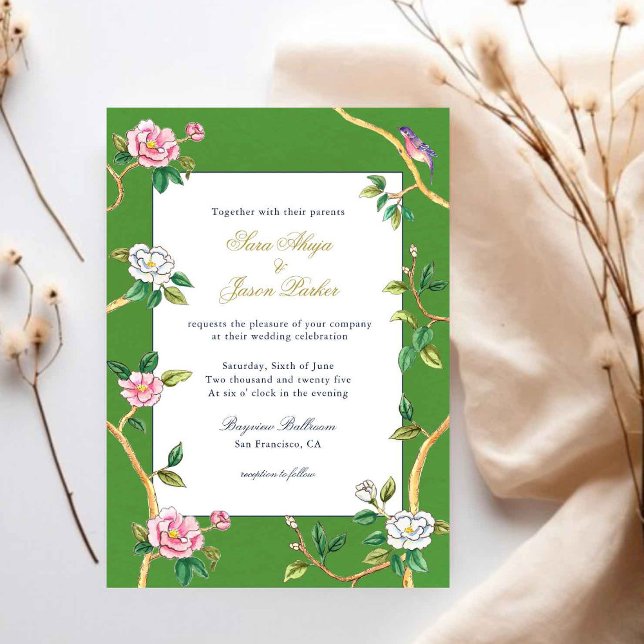 Floral Chinoiserie Green & Gold Frame Wedding Invitation (Creator Uploaded)