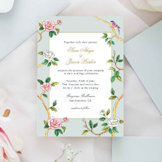Floral Chinoiserie Grey Blue Wedding Invitation