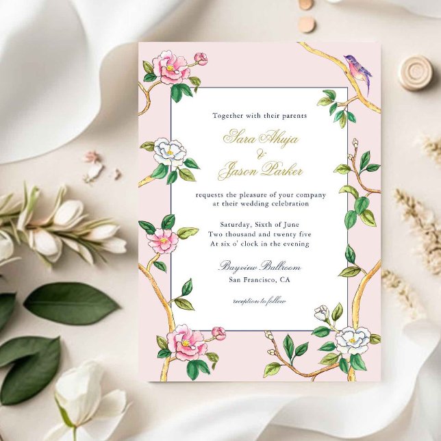Floral Chinoiserie Pink & white Wedding Invitation (Creator Uploaded)