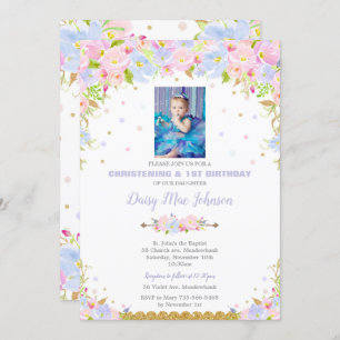 Floral Christening Invitations 1st Birthday Girl
