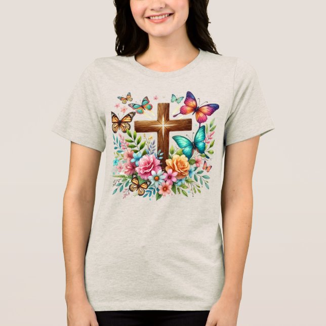Floral  Christian Cross Butterflies Religious Tri-Blend Shirt (Front)