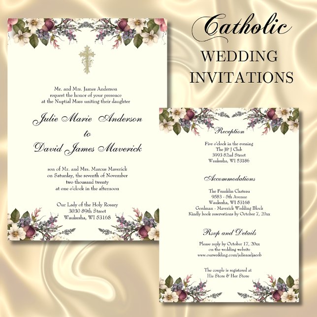 Floral Christian Cross Wedding Rings Catholic Invitation (Creator Uploaded)