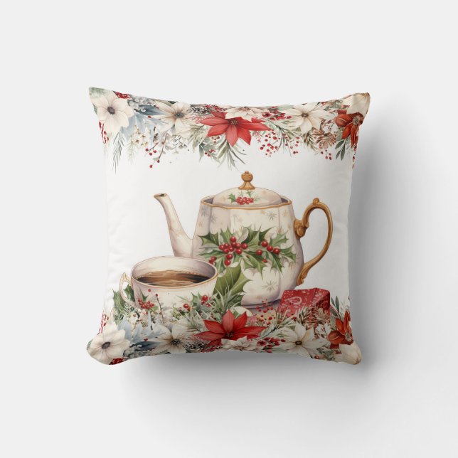 Floral Christmas Afternoon Tea Holiday Cushion (Front)