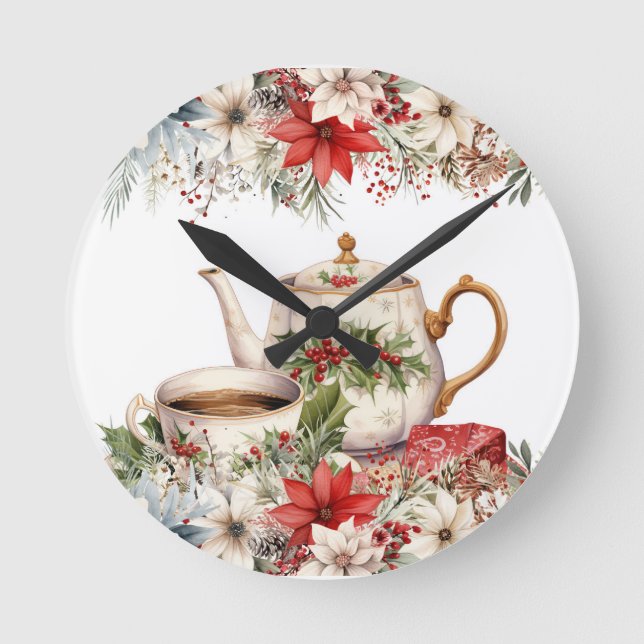 Floral Christmas Afternoon Tea Holiday Round Clock (Front)