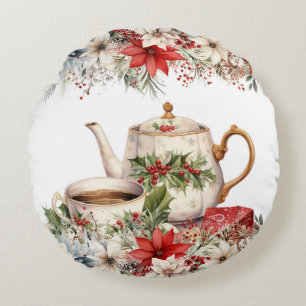 Floral Christmas Afternoon Tea Holiday Round Cushion
