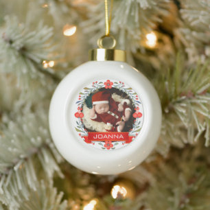 Floral Christmas Baby's First Christmas Photo Ceramic Ball Christmas Ornament