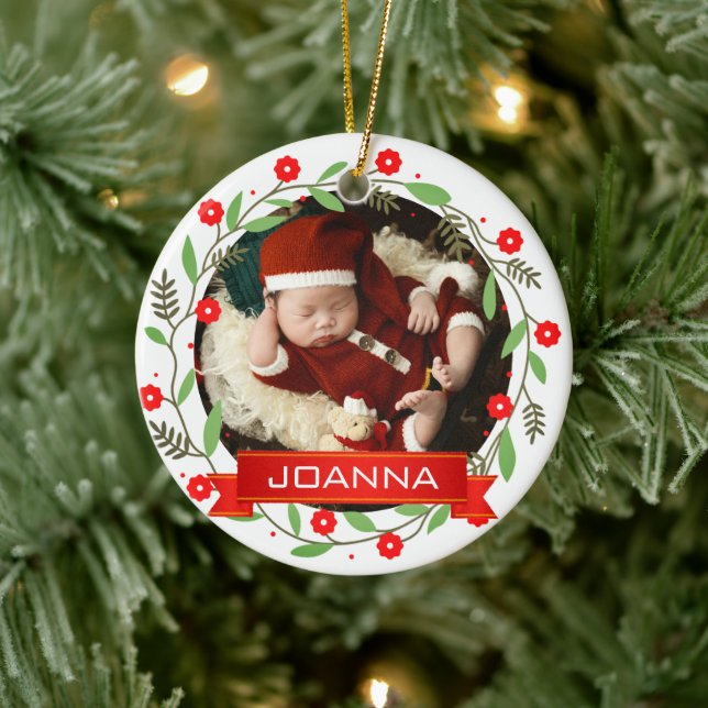 Floral Christmas Baby's First Christmas Photo Ceramic Tree Decoration (Tree)