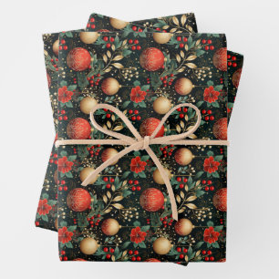 Floral Christmas Chic Pattern Red Green Gold Wrapping Paper Sheet