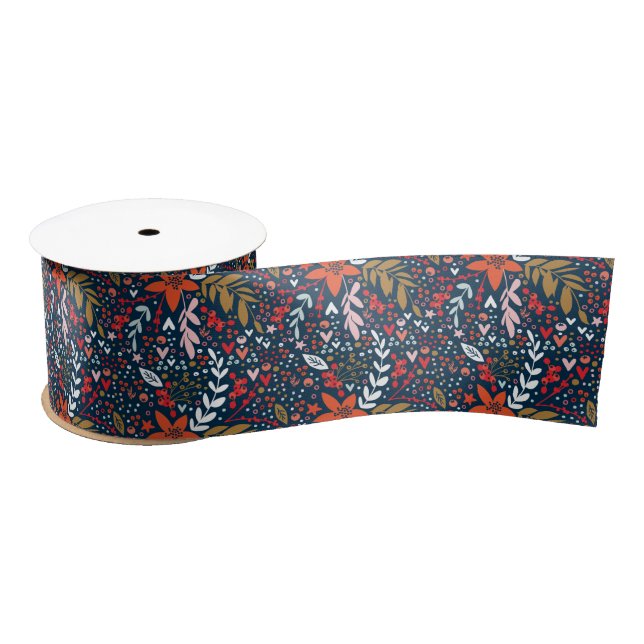 Floral Christmas Flowers Navy Gift Ribbon Satin Ribbon (Spool)