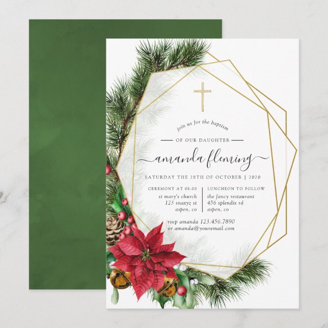 Floral Christmas Geometric Baptism or Christening Invitation (Front/Back)