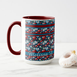 Floral Christmas Hearts in Red Blue and Green Mug