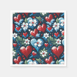 Floral Christmas Hearts in Red Blue and Green Napkin