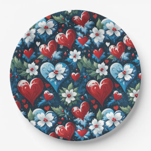 Floral Christmas Hearts in Red Blue and Green Paper Plate