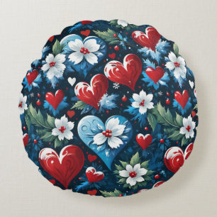 Floral Christmas Hearts in Red Blue and Green Round Cushion