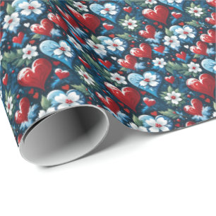 Floral Christmas Hearts in Red Blue and Green Wrapping Paper