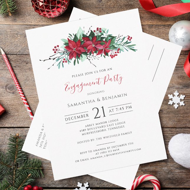 Floral Christmas Holiday Engagement Party Invitation Postcard (Floral Christmas Holiday Engagement Party Invitation Postcard)