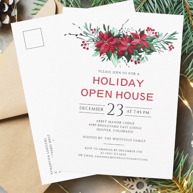Floral Christmas Holiday Open House Party Invitation Postcard (Floral Red Berries Christmas Open House Party Invitation)