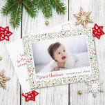 Floral Christmas Holiday Pattern Photo Postcard<br><div class="desc">This beautiful postcard features a Christmas floral pattern of light green,  red,  blue and grey. Script and classic typography are used with one large photo. The back of the postcard can be customised or delete the text for a handwritten message.</div>