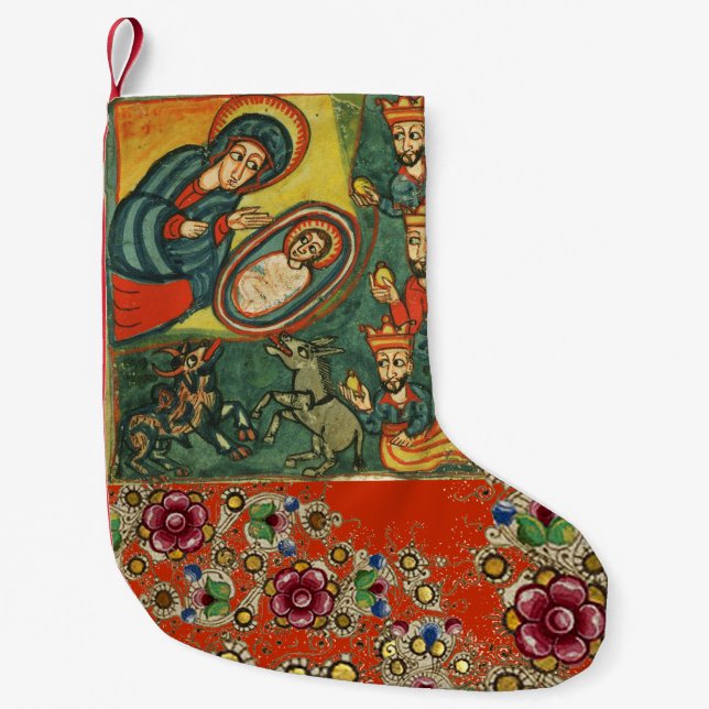 FLORAL CHRISTMAS PARCHMENT,ADORATION OF MAGI SMALL CHRISTMAS STOCKING (Front)