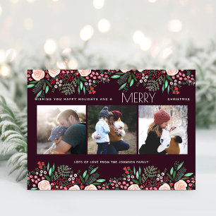 Floral Christmas Pretty Roses Botanical Photo Holiday Card