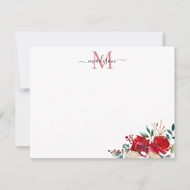 Floral Christmas Red Berries Holly Monogram Card (Front)